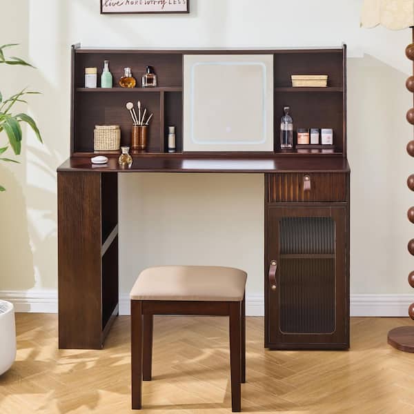 2-Piece Walnut Makeup Vanity Set with 3-Modes Adjustable Lighted Mirror, Large Shelves, Drawer and Canbinet