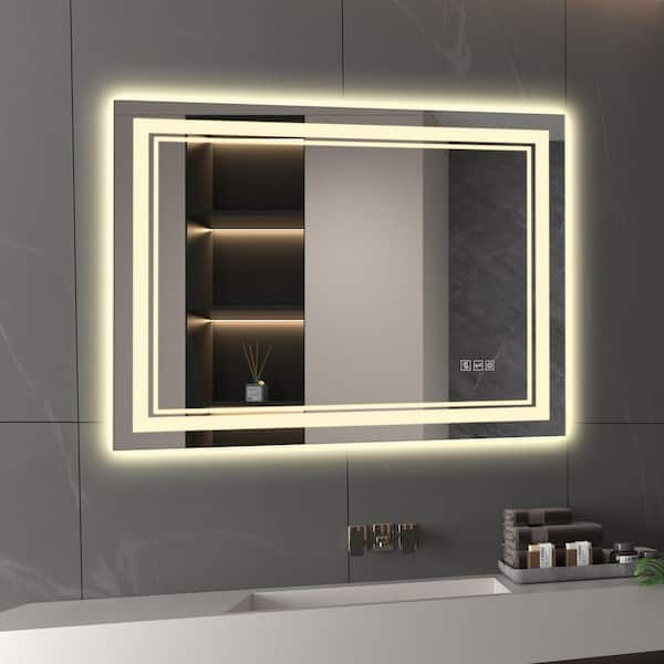 36 in. W x 28 in. H Rectangular LED Mirror Frameless Wall Mounted Mirror Bathroom Vanity Mirror with Anti-Fog, 3-Color