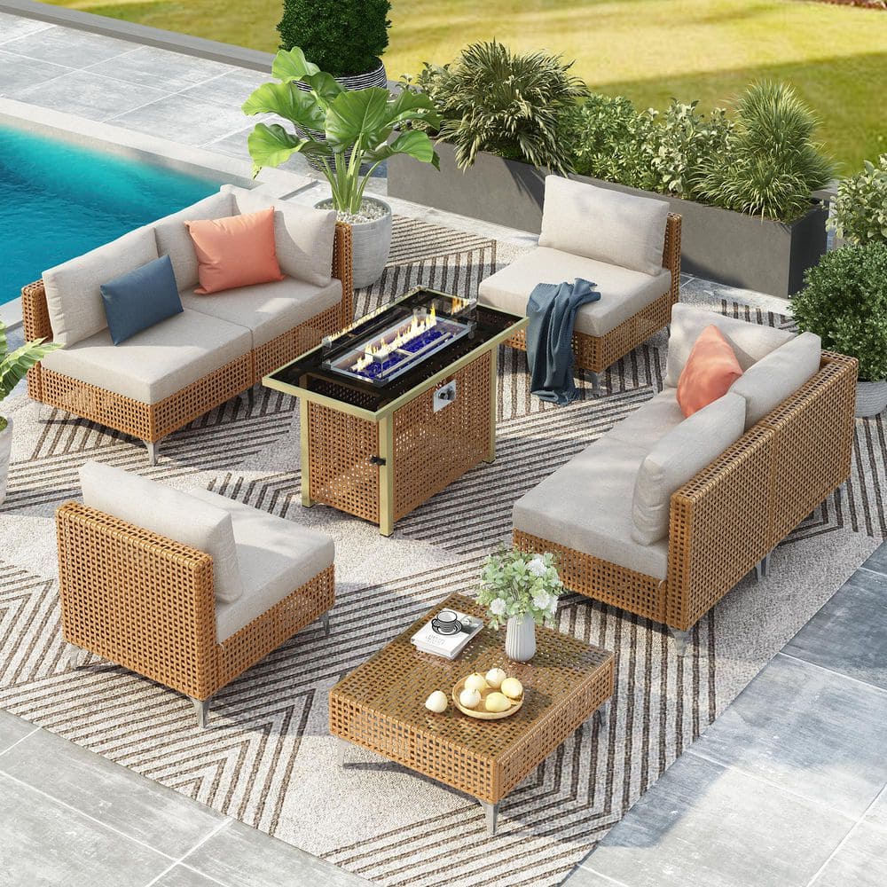 Bohemian Beige 8-Piece Wicker Patio Fire Pit Sectional Seating Set with Cus