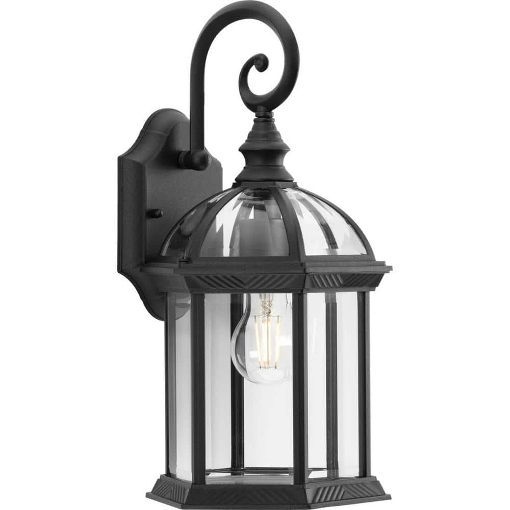 Progress Lighting Dillard 1-Light Textured Black Hardwired Outdoor Wall Lantern Sconce with Beveled Glass Shade Coastal