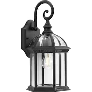 Dillard 1-Light Textured Black Hardwired Outdoor Wall Lantern Sconce with Beveled Glass Shade Coastal