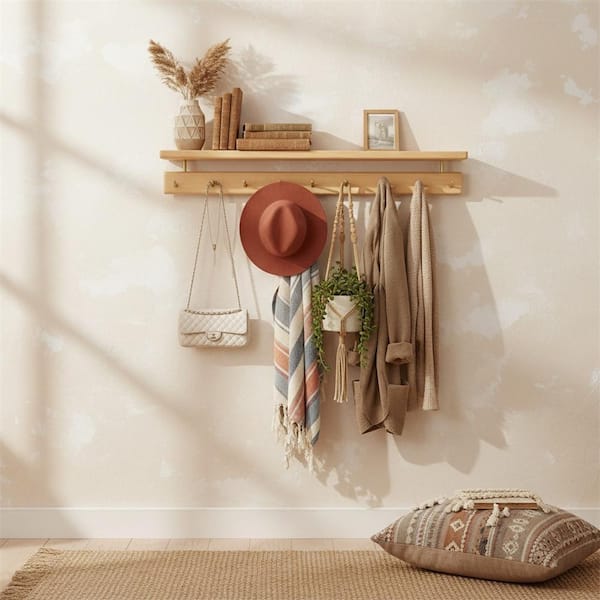 Brown Wood Wall Mount Coat Rack with Shelf and 9-Brass Hooks