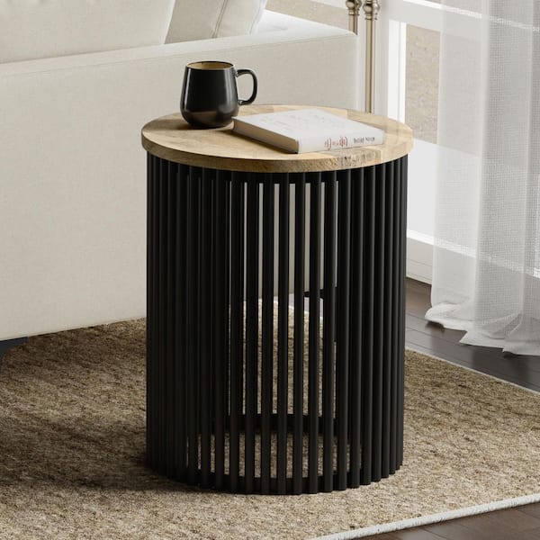 Simpli Home Demy 20 in. Metal/Solid Mango Round Accent End Table in Natural/Black with Slatted Base