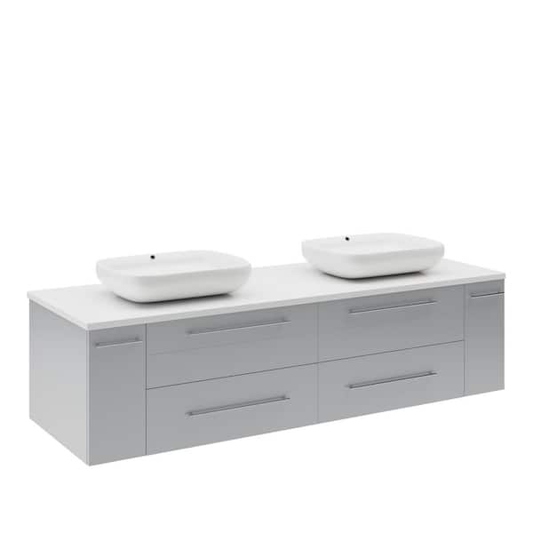 Fresca Lucera 60 in. Double Sink Wall Mount Floating Gray Bath Vanity with White Quartz Top and Vessel Ceramic Sinks