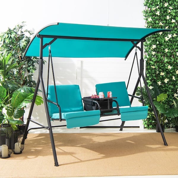FORCLOVER 2- Person Metal Porch Patio Swing Chair with Turquoise Cushions and Adjustable Canopy
