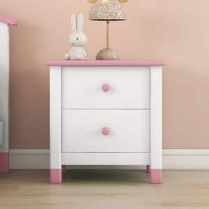 Modern Wood 2-Drawers White/Pink Nightstands End Table for Kids(20 in. W x 17 in. D x 20.5 in. H)