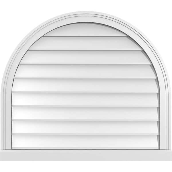 Ekena Millwork 32 in. x 28 in. Round Top Surface Mount PVC Gable Vent: Decorative with Brickmould Sill Frame