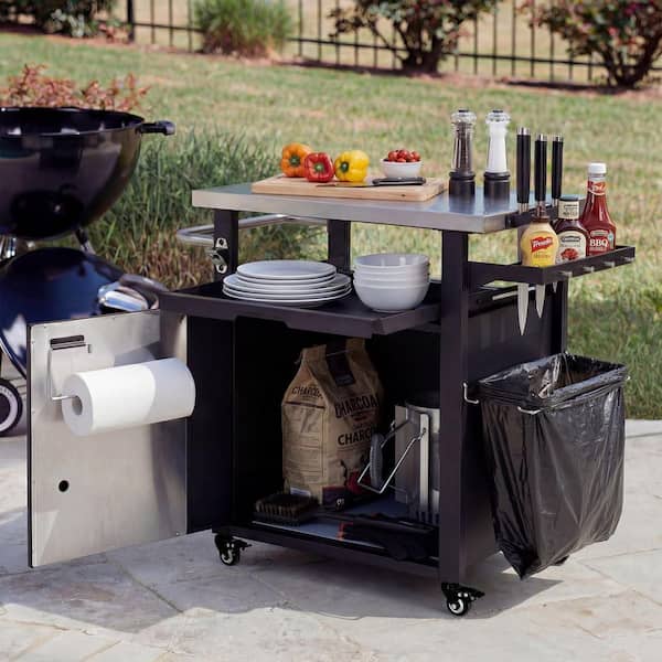 Black Metal Outdoor Bar, Grill Cart with Stainless Steel Tabletop, Pull-Out Tray, Weatherproof Cover, Trash Bag Holder