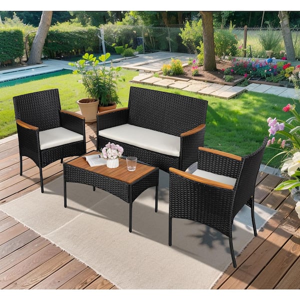 4-Piece Wicker Outdoor Patio Conversation Set with Cushions