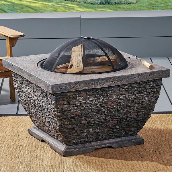 32 in. Stone Gray Square Wood Outdoor Fire Pit