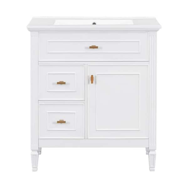 30 in. Freestanding White Bath Vanity with White Ceramic Top One Flip Drawer and Two Drawers