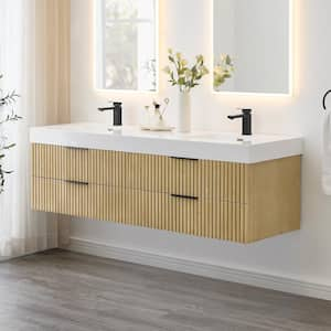 Livia 72 in. W Double Sink Floating Bath Vanity in Nature Brown with White Stone Top