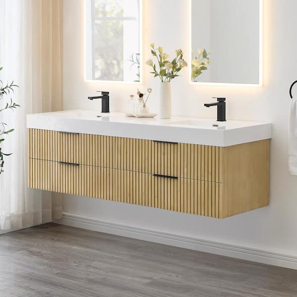 Livia 72 in. W Double Sink Floating Bath Vanity in Nature Brown with White Stone Top