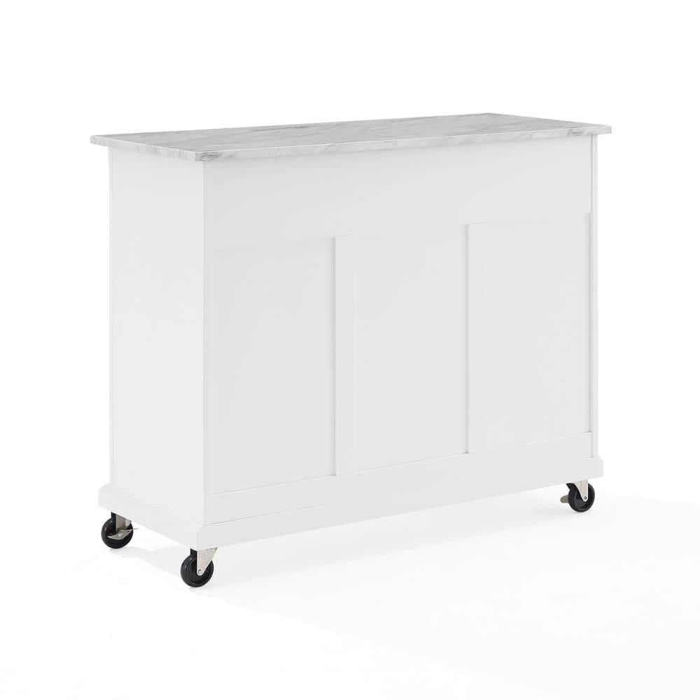 Avery Distressed White Kitchen Island Cart with Faux Marble Top