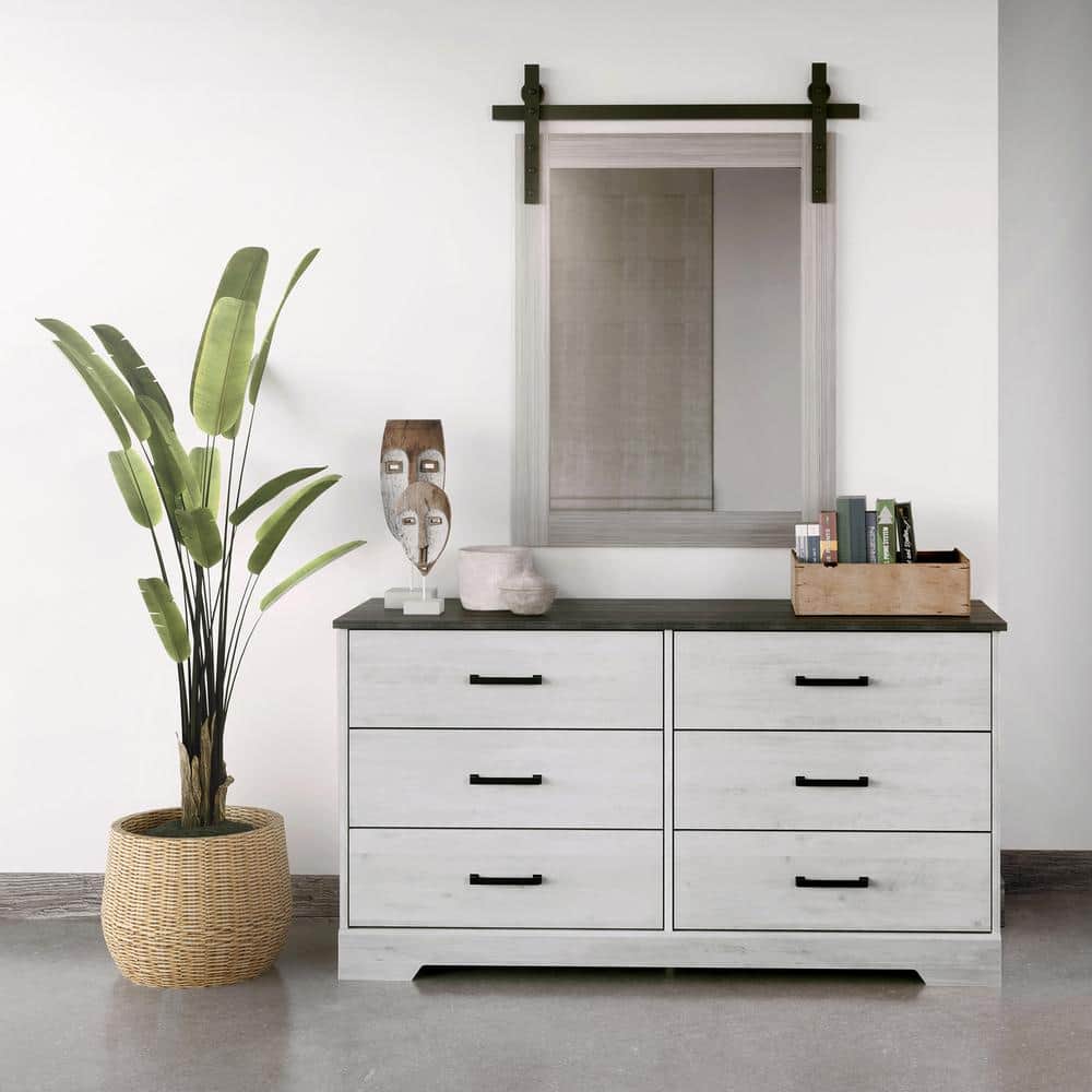 Washed White Farmhouse 6-Drawer Dresser with Soft Close