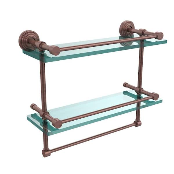 Allied Brass 16 in. L x 12 in. H x 5 in. W 2-Tier Gallery Clear Glass Bathroom Shelf with Towel Bar in Antique Copper