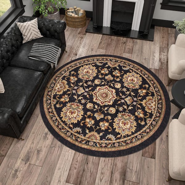 Tayse Rugs Sensation Border Black 8 ft. Round Indoor Area Rug