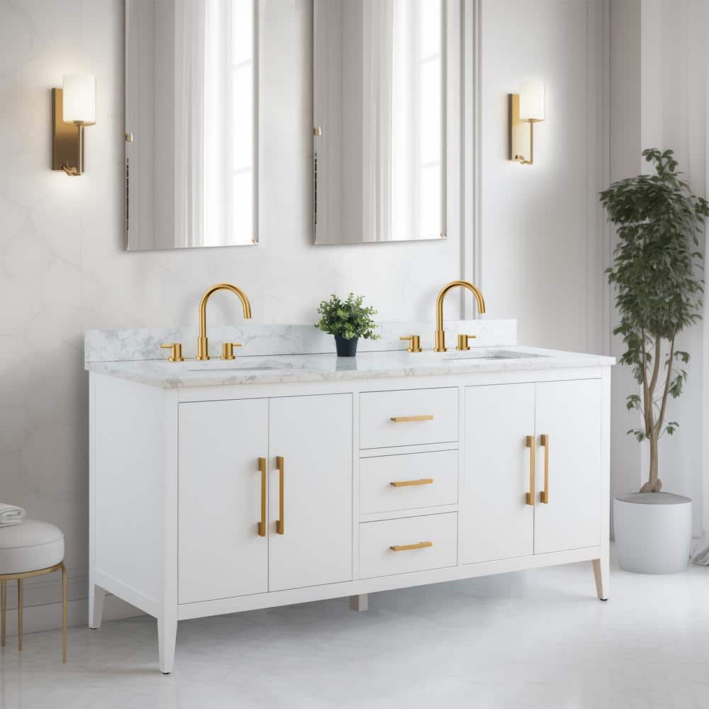 72'' White Poplar Double Sink Bathroom Vanity with Marble Top
