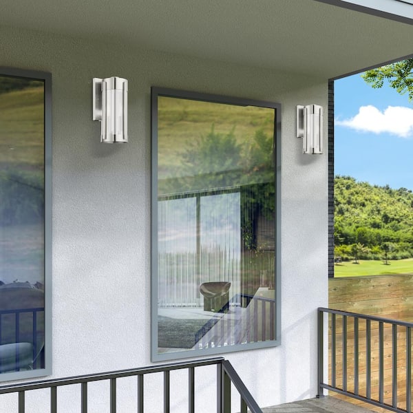 Rockridge 16 in. 2-Light Brushed Nickel Outdoor Hardwired Wall Lantern Sconce with No Bulbs Included