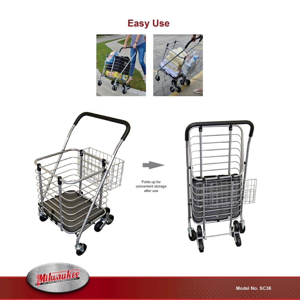 Silver 3-Wheel Steel Collapsible Shopping Cart with Accessory Basket