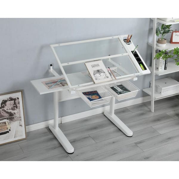 Glass Drafting Table Adjustable Desk, Tilting Drawing Table w/ Stool 2  Drawers