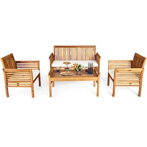 Teak 4-Piece Outdoor Acacia Wood Patio Conversation Set Sofa Chair Coffee Table with Beige Cushions