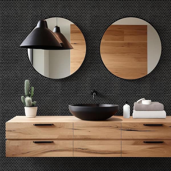 1 in. Hexagon Black 11.375 in. x 11.625 in. Matte Glass Wall and Floor Mosaic Tile (9.18 sq. ft./Case)