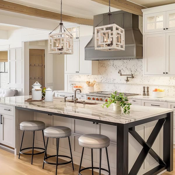 Farmhouse Lantern Square Cage Antique White Wood Chandelier 4-Light Bronze Candlestick Pendant Lamp Window Lattice Shade