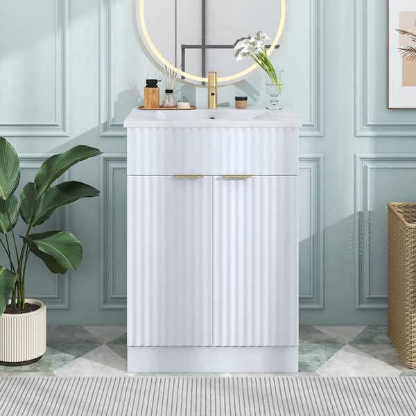 Magic Home 24 in. x 18 in. x 34 in. Modern Freestanding Small Bathroom Vanity Storage Wood Cabinet in White with White Caremic Top