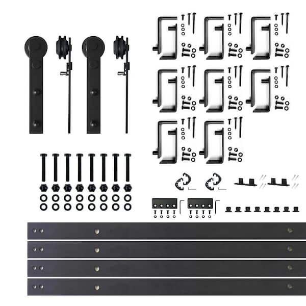 HOMACER 11 ft./132 in. Black Rustic Double Track Bypass U-Shape Sliding Barn Door Hardware Kit - Straight Design Roller
