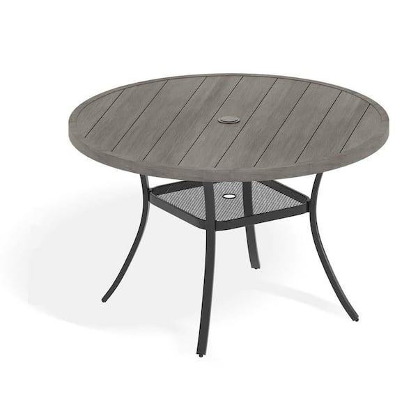 Gray Round Metal Outdoor Dining Table with Umbrella Hole and Storage Shelf for 6 People
