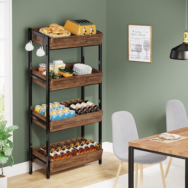 BYBLIGHT Ahlivia Rustic Brown 29 in. W Display Cabinet Wood Fruit Vegetable Storage Rack with 4 Tiers Basket