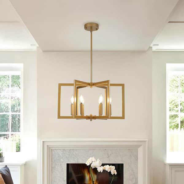 6-Light Gold Geometric Industrial Chandelier, Candle Style Rustic Hanging Ceiling Lighting for Living Room and Kitchen