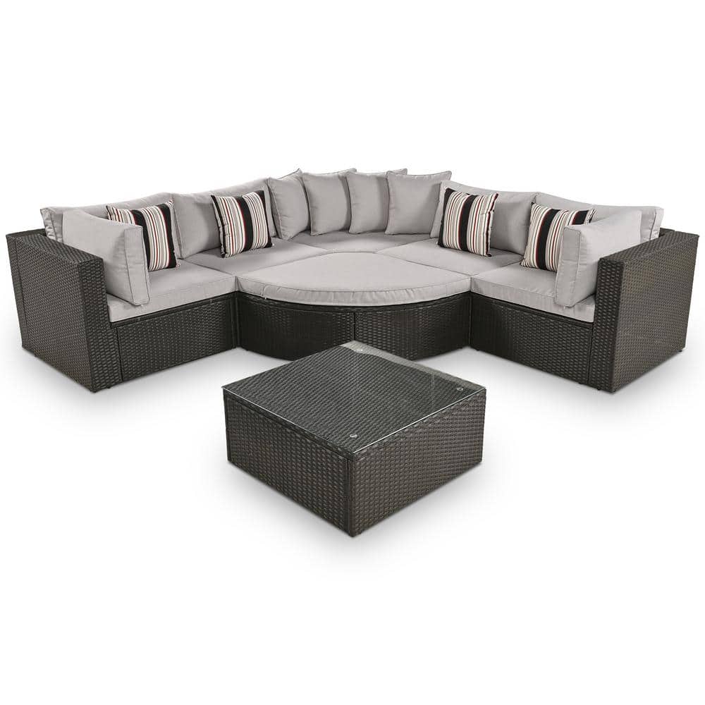 7-piece Wicker Outdoor Sofa Set, Rattan Sofa Lounger, With Colorful Pillows