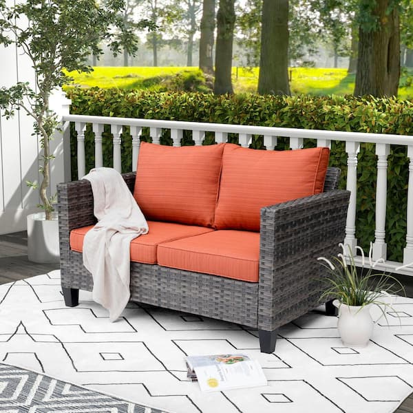 XIZZI Megon Holly 1-Piece Wicker Outdoor Loveseat with Orange Cushions