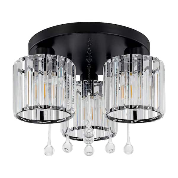 13 in. Modern Black 3-Light Crystal Flush Mount Ceiling Light with Glass Droplets and Round Drum Shade for Bedroom