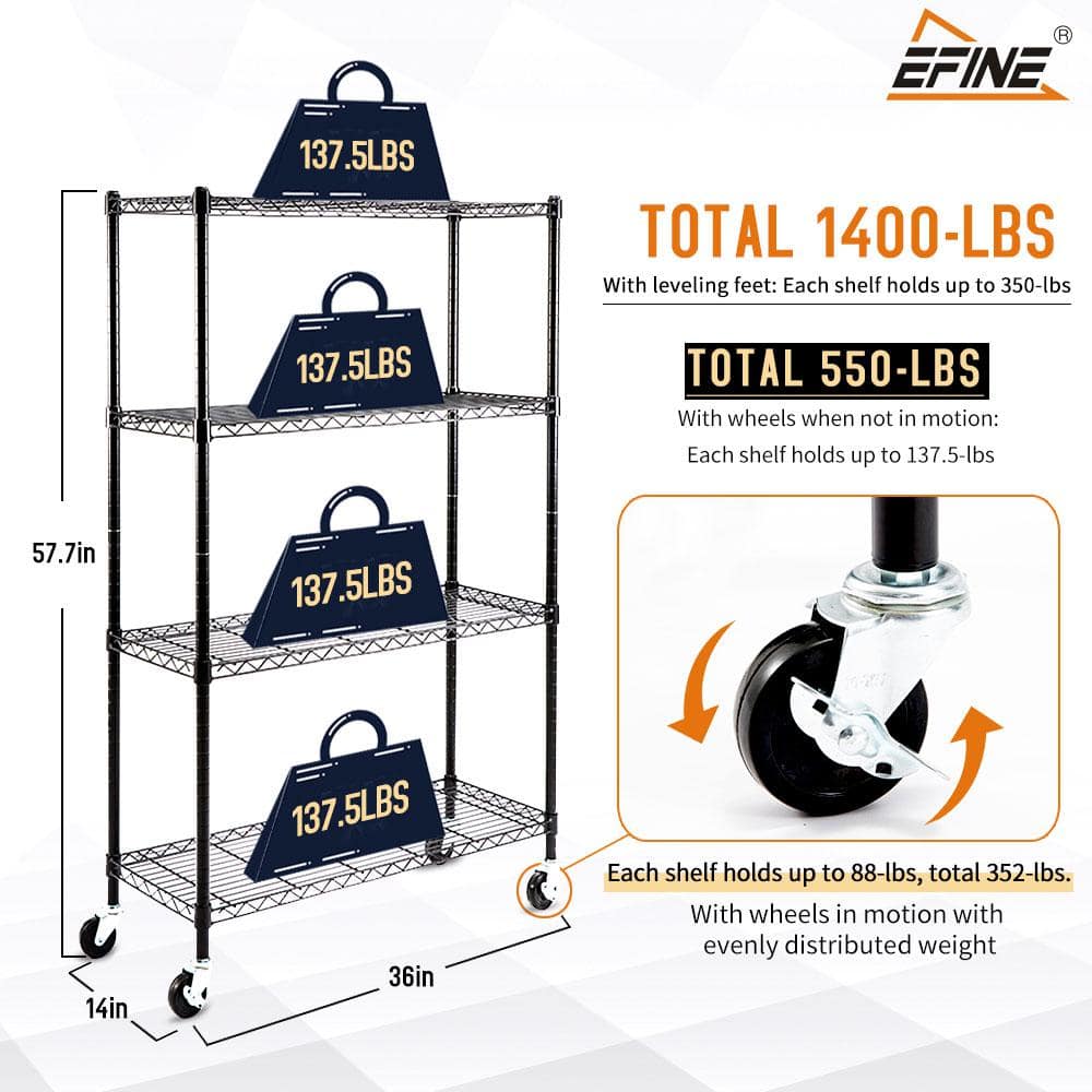 Adjustable Black Steel 4-Tier Shelving Unit with Wheels