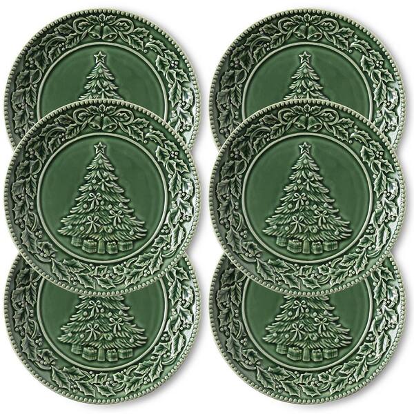 10 in. Ceramic Christmas Tree Dinner Plates Set of 6 with Embossed Holly and Jingle Bell Design Plates