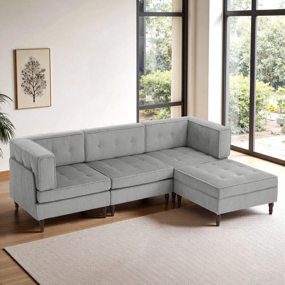 98.01 in. Square Arm 4-piece Corduroy L-Shaped Sectional Sofa in Light Gray price history on PriceWatchPro