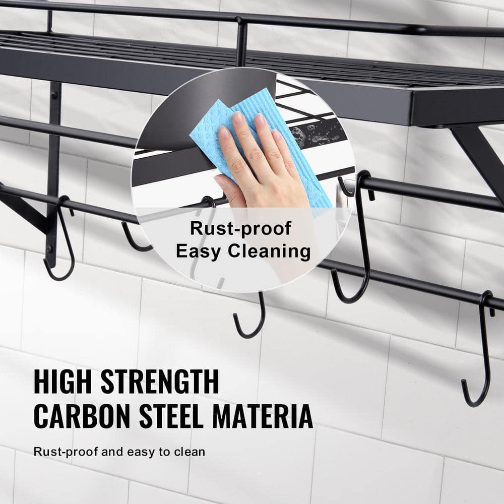 Black 24-Inch Wall-Mounted Metal Pot Rack with 12 Hooks