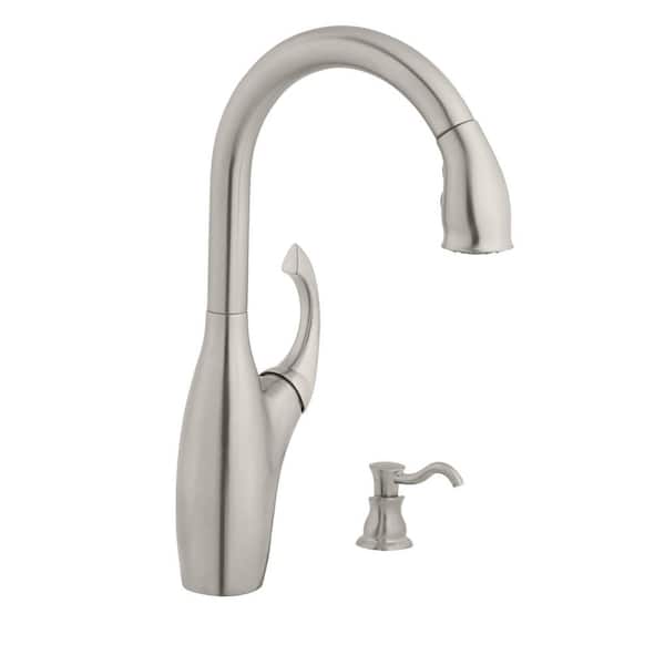 Contemporary Single-Handle Pull-Down Sprayer Kitchen Faucet with Soap Dispenser in Stainless Steel Contemporary Single-Handle Pull-Down Sprayer Kitchen Faucet with Soap Dispenser in Stainless Steel