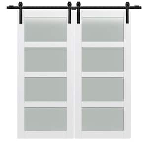 72 in. x 84 in. 4-Lite Frosted Glass Primed MDF Double Sliding Barn Door with Hardware Kit