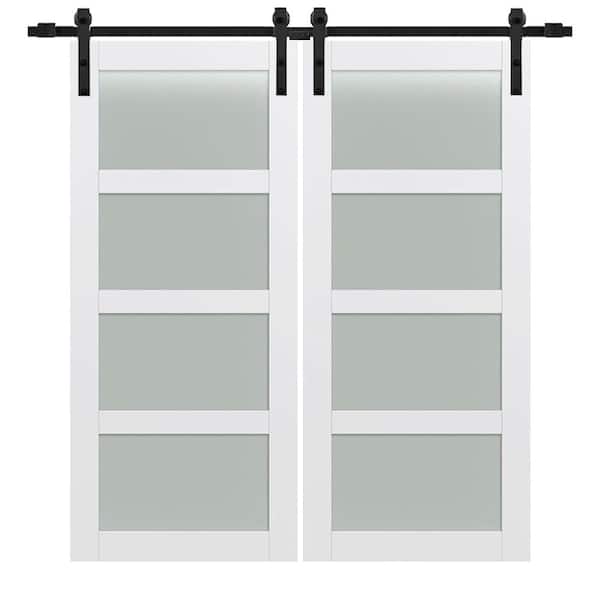 MMI DOOR 84 in. x 84 in. Shaker 4-Lite Frosted Glass Primed MDF Double Sliding Barn Door with Bent Strap Hardware Kits