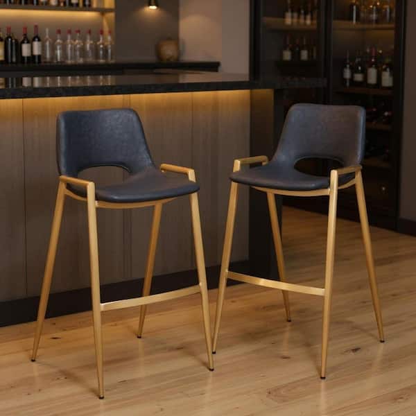 39.00 in. H Black, Gold Bar Height Metal Bar Stool with Upholstered Seat (Set of 2)
