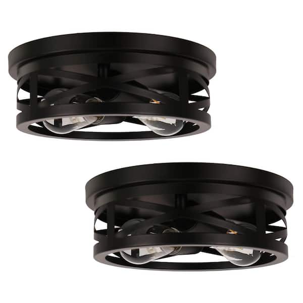 Emeritpro 11 in. Black Industrial Metal Frame Flush Mount Ceiling Light with Drum Metal Cage Shade E26 Base (Bulbs Not Included)