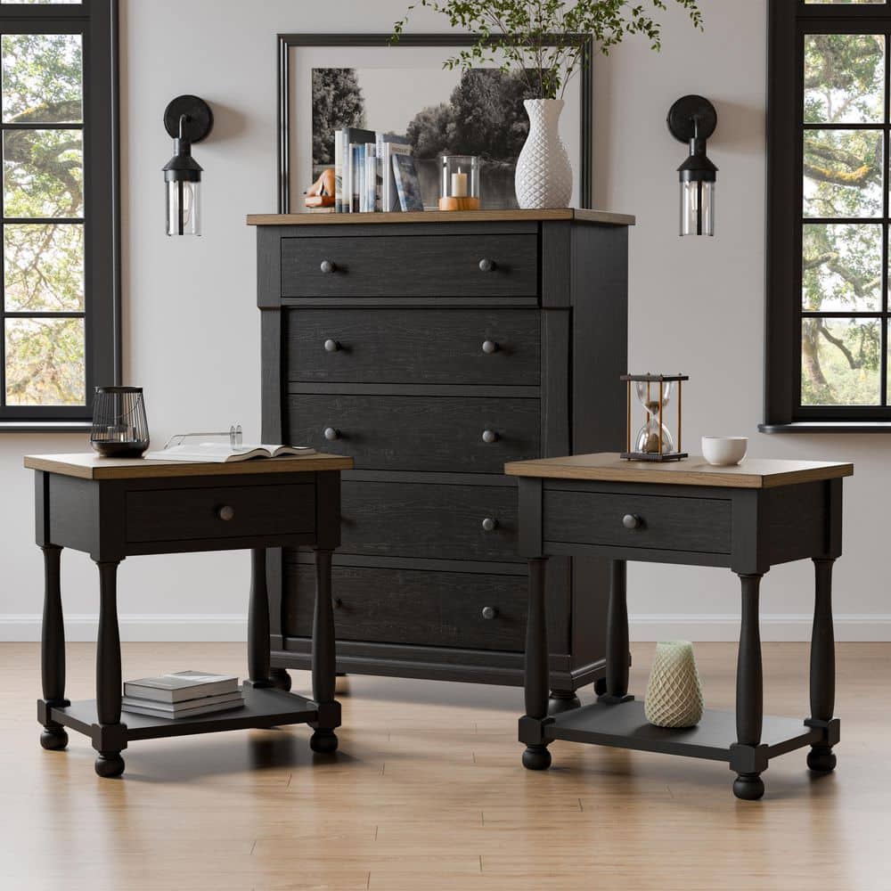 Windcrest Farmhouse 3-Piece Black/Rustic Oak 1-Drawer Set of 2 Nightstands and Chest price history on PriceWatchPro