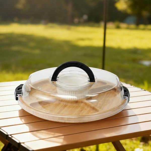 12.7 in. Round Carbonized Bamboo Cheese Board with Locking Lid Handle and 5 Compartments