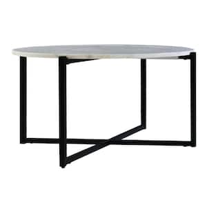 Ivy 30 in. White and Black Round Marble Top Coffee Table with Metal Frame