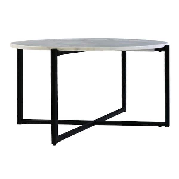 THE URBAN PORT Ivy 30 in. White and Black Round Marble Top Coffee Table with Metal Frame