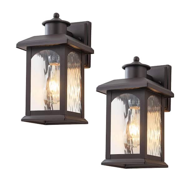 C Cattleya 2-Pack 12 in. Oil Rubbed Bronze Outdoor Hardwired Wall Lantern Sconce with Water Ripple Glass, No Bulbs Included